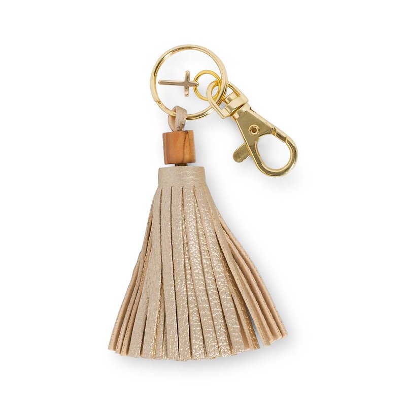 Key ring,cross,imported cylindrical olive wood bead,string to soft gold tassel - Keychains - Polyester Gold