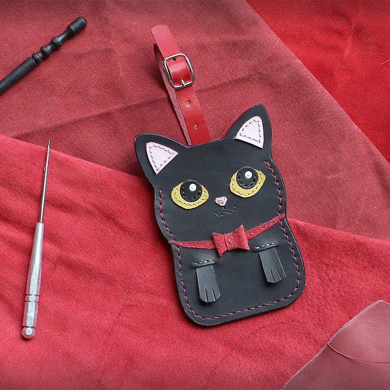 貓咪-黑貓 手工皮革證件套/悠遊卡/識別證卡套 - 證件套/卡套 - 真皮 黑色