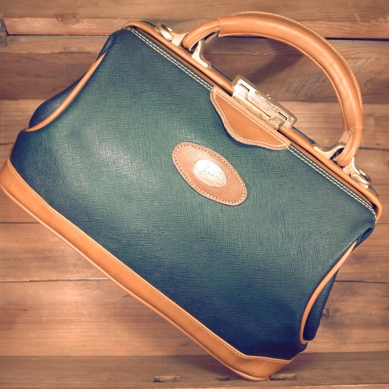 Old bone TEXIER leather x green scratch-resistant canvas portable doctor bag Q74 Vintage - กระเป๋าถือ - หนังแท้ สีเขียว