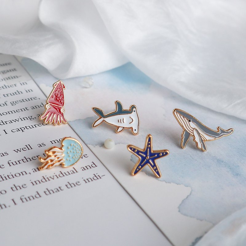 海洋飾品 鯨魚 水母 海星 烏賊 鯊魚 夾式耳環 全系列 收藏 禮物 - 耳環/耳夾 - 琺瑯 紅色