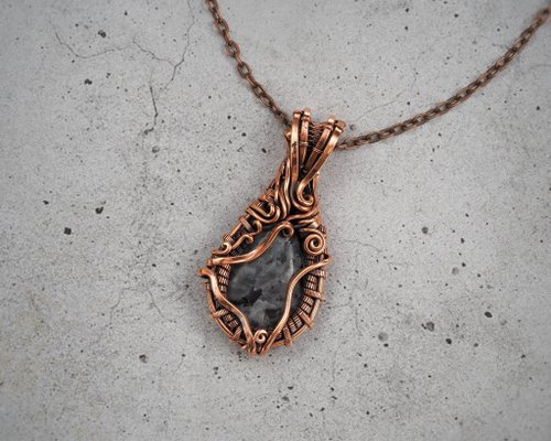 Wire Wrap Art Larvikite 女士吊墜 繞線銅項鍊 手工銅飾品