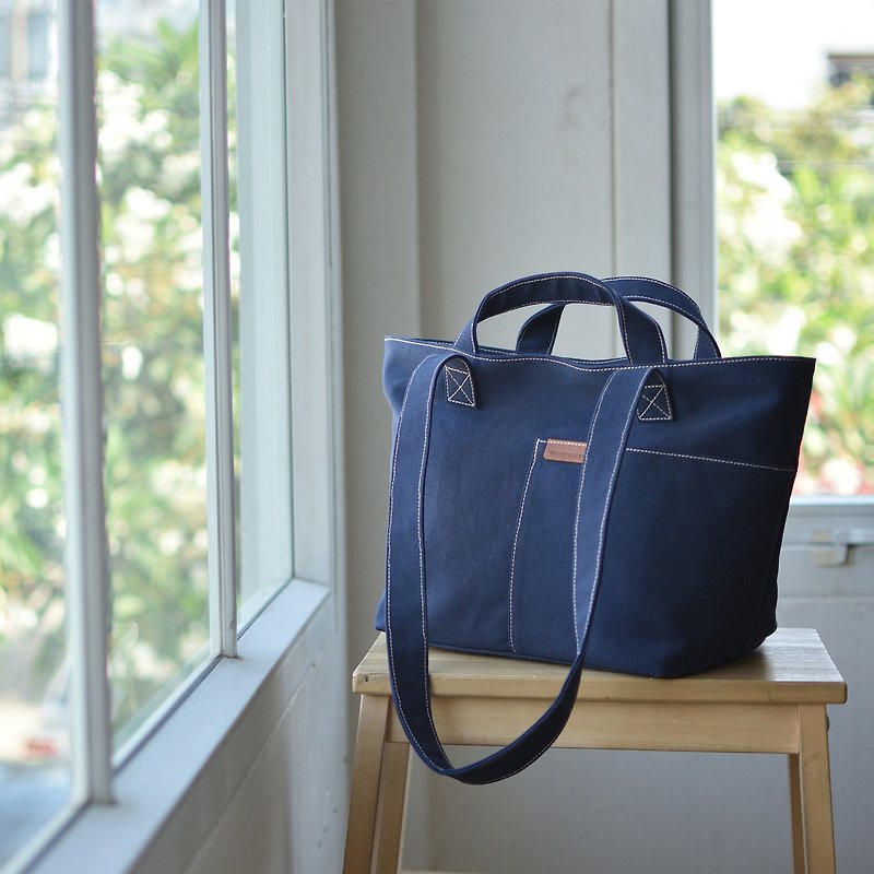 Pocket tote - navy blue - Handbags & Totes - Cotton & Hemp Blue