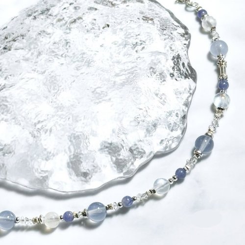 In Hand Jewelry Design 藍霧浮光-月光石.丹泉石.赫基蒙鑽-純銀設計款手鍊
