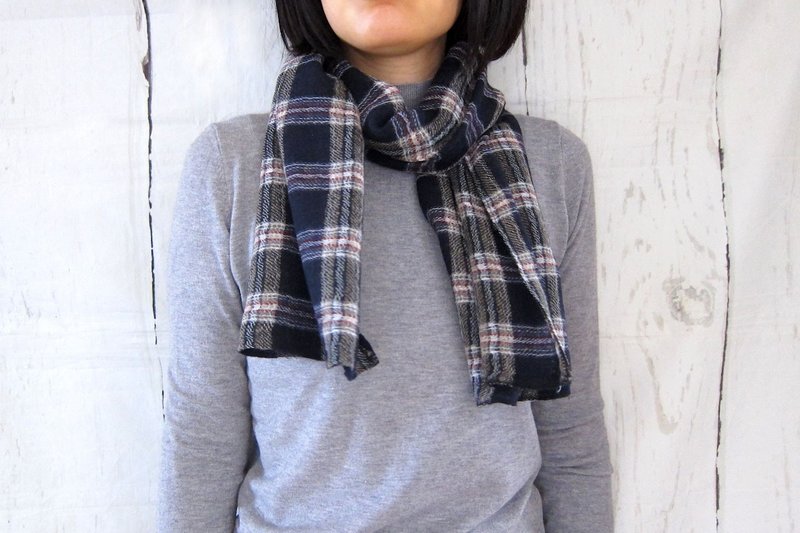 Navy Wool Gauze Mini Stole with Oshu Tartan Check - ผ้าพันคอถัก - ขนแกะ สีน้ำเงิน