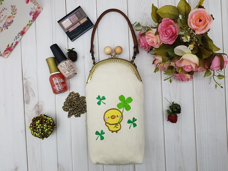 Embroidered duckling clover canvas gold bag-large pen bag, mobile phone bag, cosmetic bag, oblique bag - Messenger Bags & Sling Bags - Cotton & Hemp White