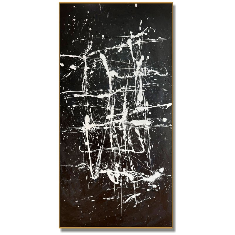 Large Original Black and White Minimalist Abstract Drip Painting Modern Splatter - ตกแต่งผนัง - อะคริลิค สีดำ