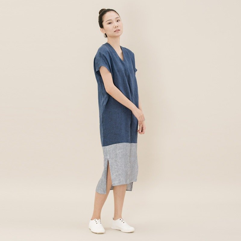 BUFU  Yarn dyed flax / linen/  oversized long dress D170508 - ชุดเดรส - ผ้าฝ้าย/ผ้าลินิน สีน้ำเงิน