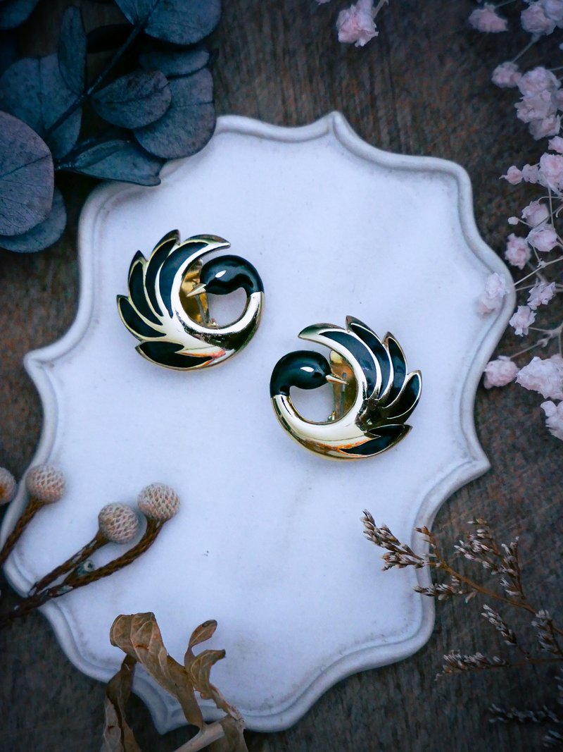 ORENA Paris 黑夜空天鵝琺瑯耳環－法國古董首飾 Vintage Jewelry - 耳環/耳夾/耳骨夾 - 琺瑯 