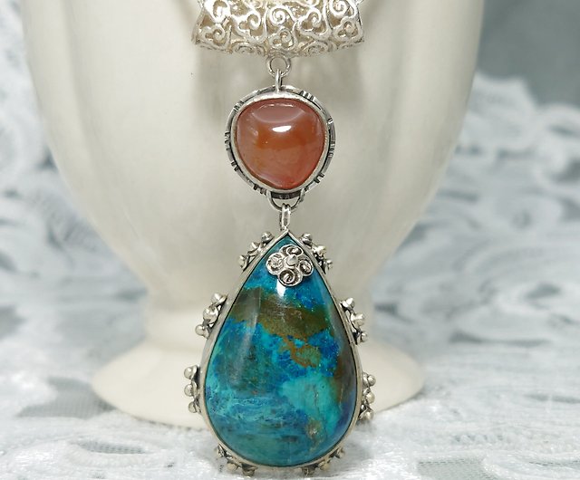 墜子鳳凰石矽孔雀石美國藍寶紅瑪瑙925銀飾項鍊寶石飾品- 設計館善觀手 