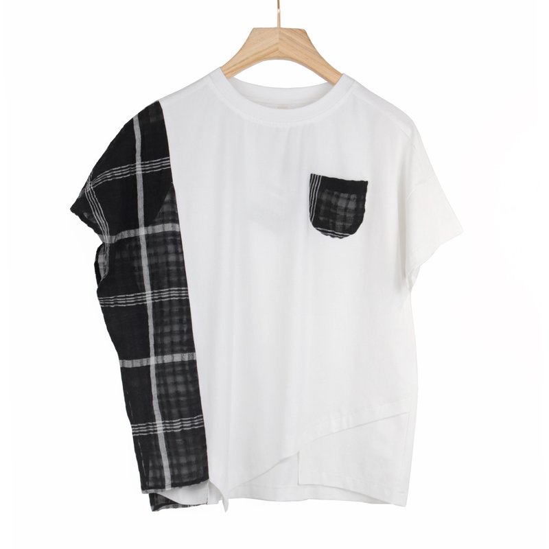 White - T-shirt with Mini Pocket, White Stitching, and Black Checkered Patchwork, Asymmetrical Hem #U1187 - Women's Tops - Cotton & Hemp White