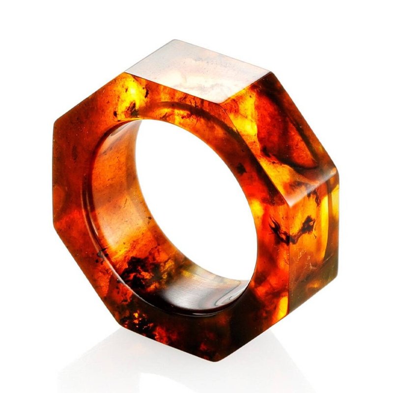 天然バルトコニャックアンバーを使用したハンドメイドユニークリング ウェディングバンド ジェムストーン - リング・指輪 - 石 ブラウン