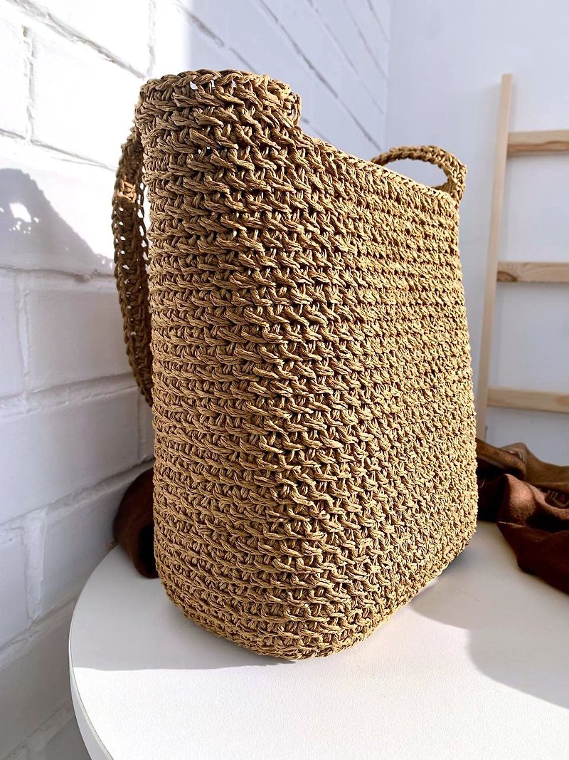 Elegant raffia bag, Shoulder tote bag, Classic Leather bag, Summer bag - 手提包/手提袋 - 紙 咖啡色