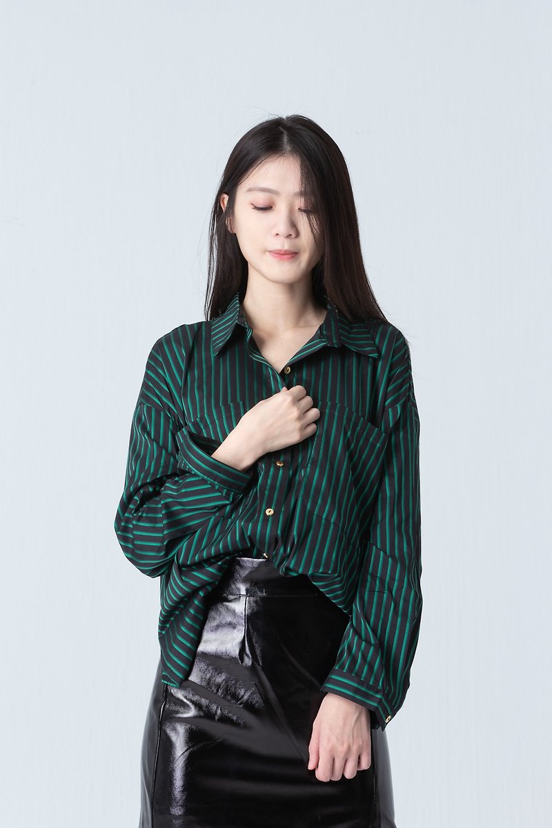 Black and Green Striped Shirt - Women's Shirts - Other Materials Green