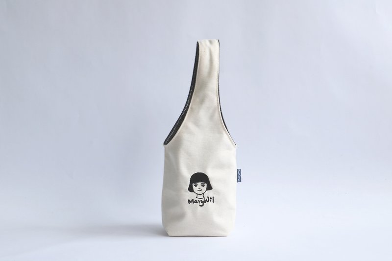 MaryWil客製插畫刺繡雙面環保杯套飲料提袋 - 飲料提袋/杯袋/杯套 - 棉．麻 白色