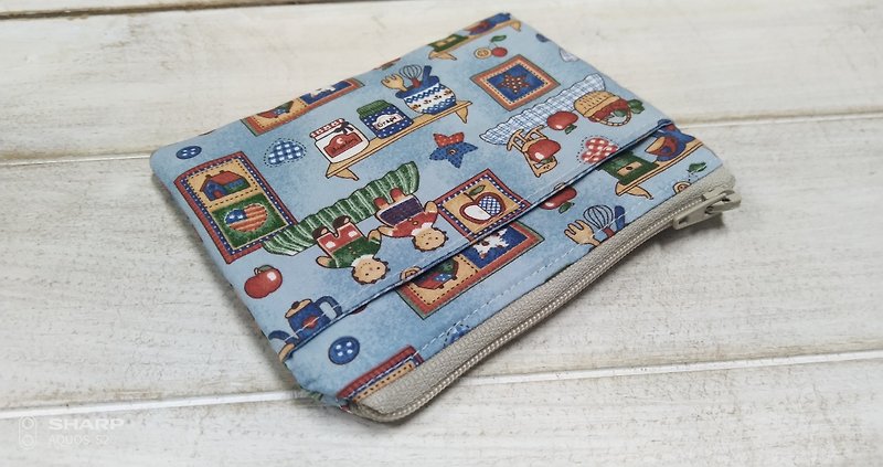 Country style pattern coin purse card holder storage bag - Coin Purses - Cotton & Hemp Blue