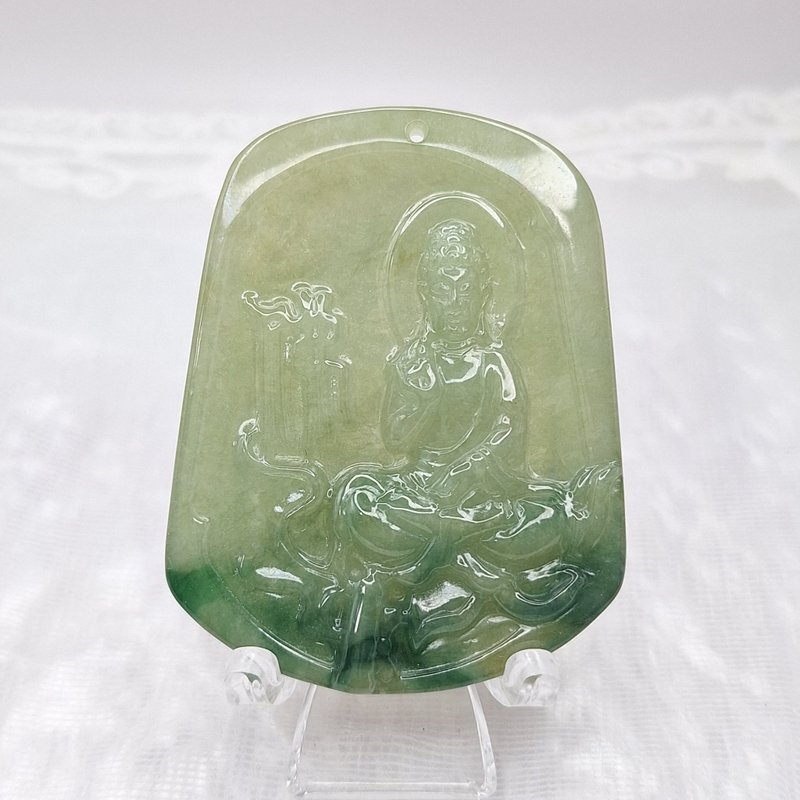 油清綠帶飄花佛祖 吊墜 牌件 |天然緬甸玉A貨翡翠 - 項鍊 - 玉石 