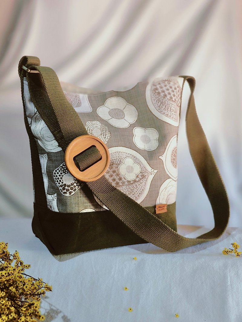 Green and brown in Birds & Flowers printed Japanese bag adjustable strap - Messenger Bags & Sling Bags - Cotton & Hemp Green