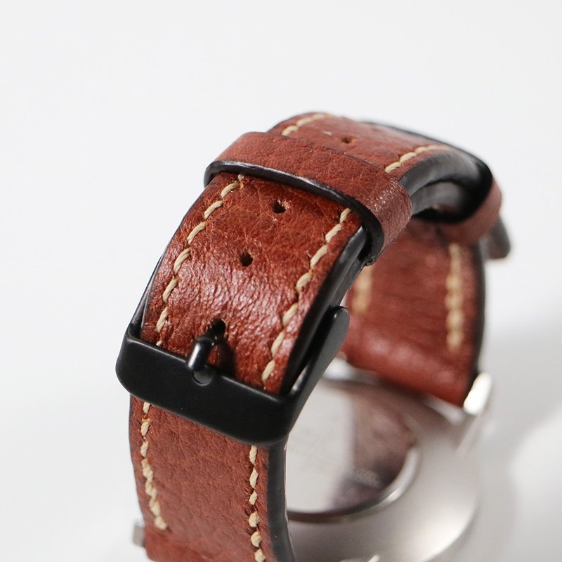 Handmade first-layer chrome-tanned leather strap 20mm - pebbled reddish brown + Khaki thread - Watchbands - Genuine Leather Brown