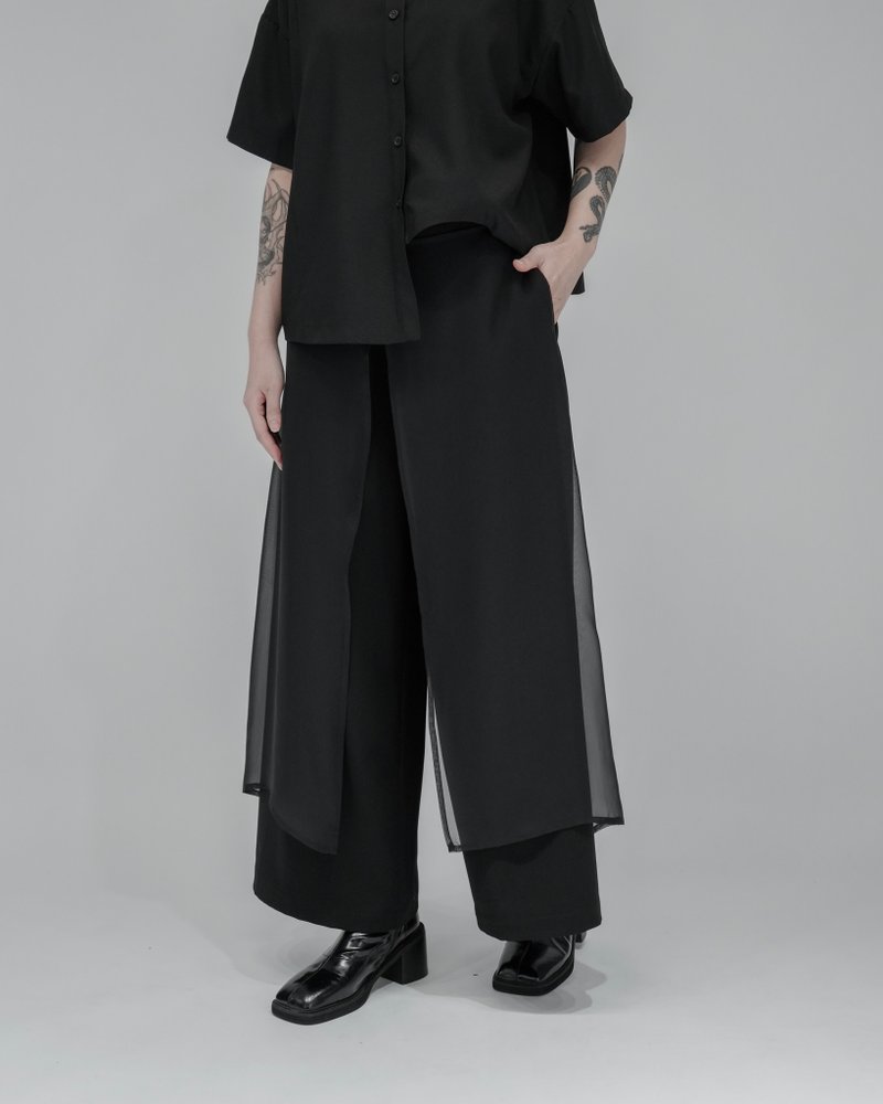 MUKK DESIGN 雙裁片雪紡落地寬褲 - 女長褲 - 聚酯纖維 黑色