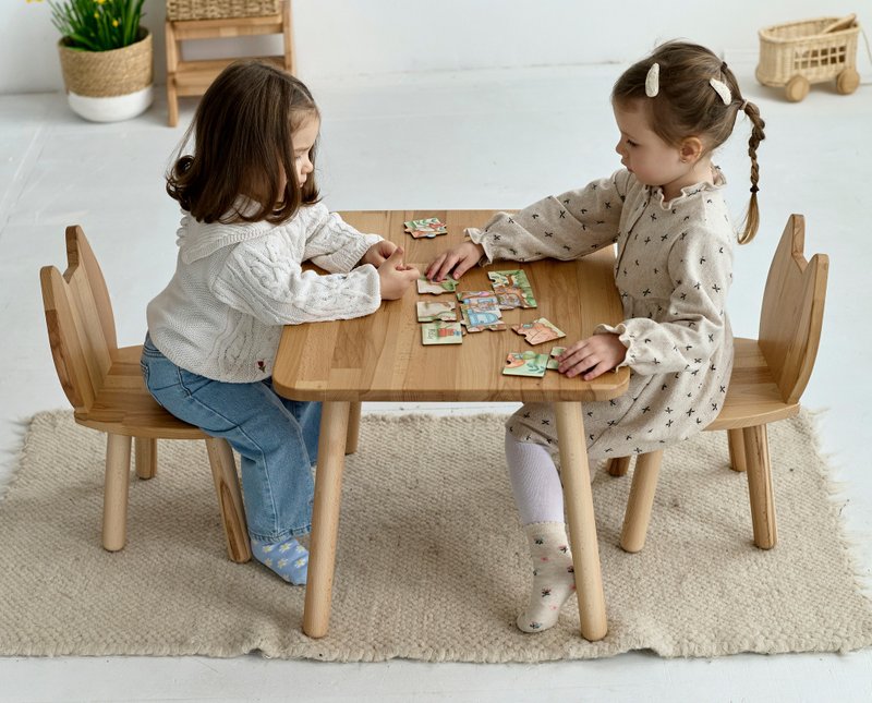 Wooden kids table and two cat chairs set Preschool table - Kids' Furniture - Wood Khaki