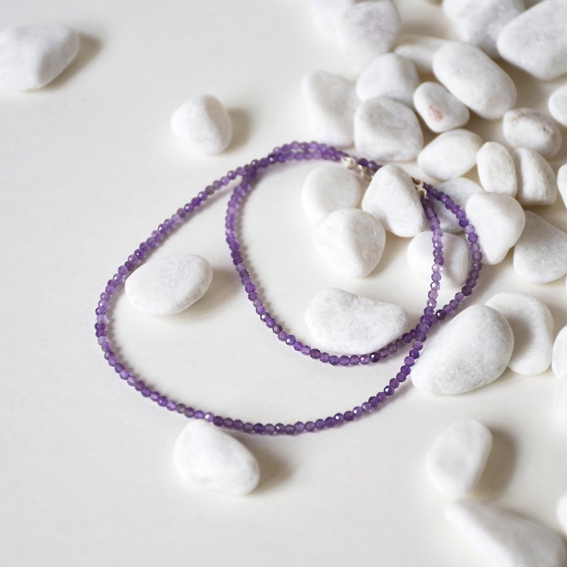 Handmade Sterling Silver with Tiny Amethyst Beads Necklace, Birth stone for Feb - สร้อยคอ - เครื่องเพชรพลอย สีม่วง