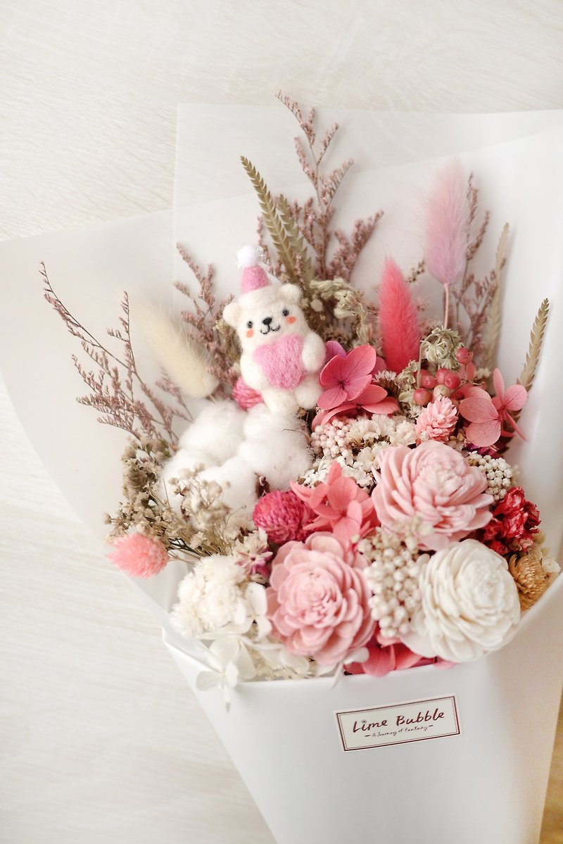 Bear loves you bouquet (wool felt bear + dry flower Valentine's Day graduation) - ตกแต่งต้นไม้ - พืช/ดอกไม้ สึชมพู