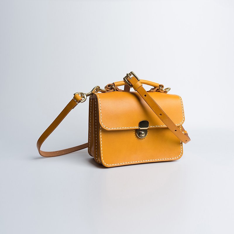 [正方形のパイ]ダレスの手作りの革小さなブリーフケースのハンドバッグのショルダーメッセンジャーバッグ小さな正方形のバッグの蜂蜜の色 - ショルダーバッグ - 革 オレンジ
