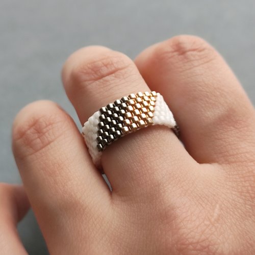 JuJuJewelryShop Gold design bead ring Handmade silver jewelry Wide flexible ring Elastic ring