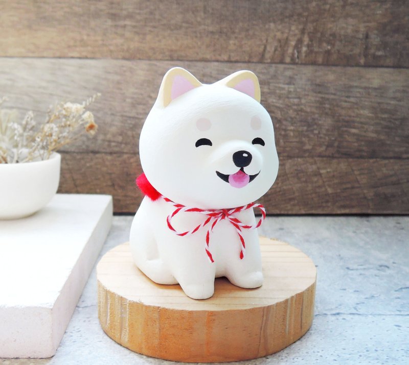 Smiling and silly little Shiba Inu Shiba Shiba doll decoration pen stand handmade healing small wood carving - Items for Display - Wood White