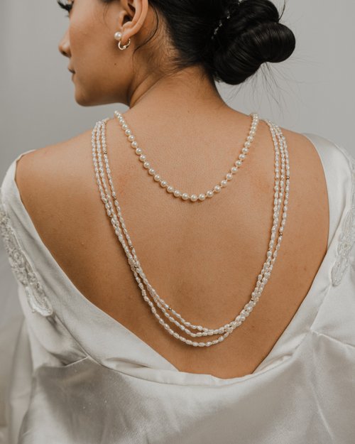 BOITE LAQUE Vintage Three Strand Long String Pearl Necklace