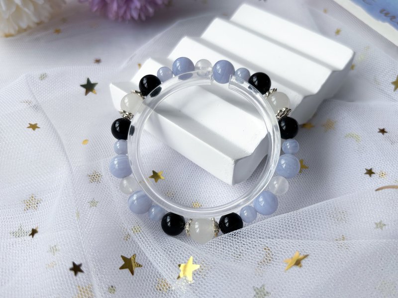 【初雪】天然藍紋瑪瑙 黑瑪瑙 藍月亮石 玉髓 S925純銀 設計手鍊 - 手鍊/手環 - 水晶 藍色