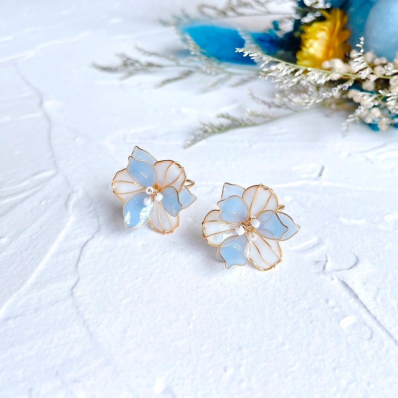Pink blue slightly warm Japanese multi-layered handmade three-dimensional crystal flower earrings resin painless Clip-On - Earrings & Clip-ons - Other Materials Blue