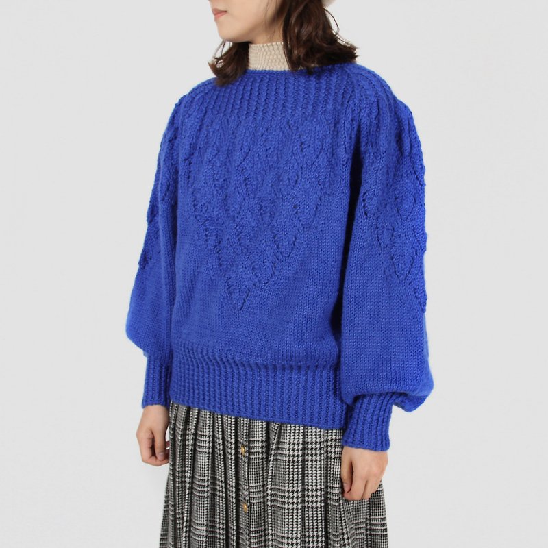 [Egg plant vintage] advection cloud woven flower vintage sweater - สเวตเตอร์ผู้หญิง - ขนแกะ สีน้ำเงิน
