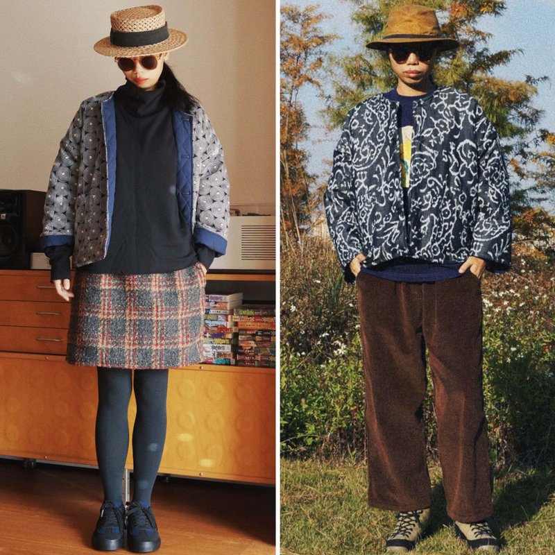 圓形漩渦提花和牛仔白色花紋印花 冬季夾棉大衣外套棉服 - 女裝外套/大衣 - 棉．麻 藍色