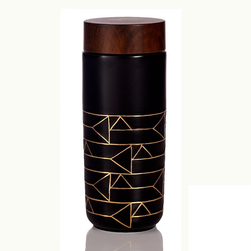 Stone portable cup_horizontal grain / large / double layer / matte black gold / imitation wood grain cover - Teapots & Teacups - Porcelain 