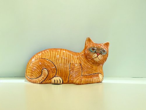Inyatra｜喀什米爾手工披肩及地毯 印度喀什米爾 手工漆紙器 彩繪貓咪擺飾 - 橘貓