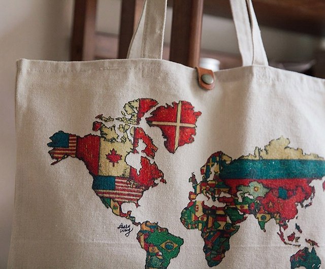 Leather Buckle Horizontal Canvas Bag, Leather World Map Bag
