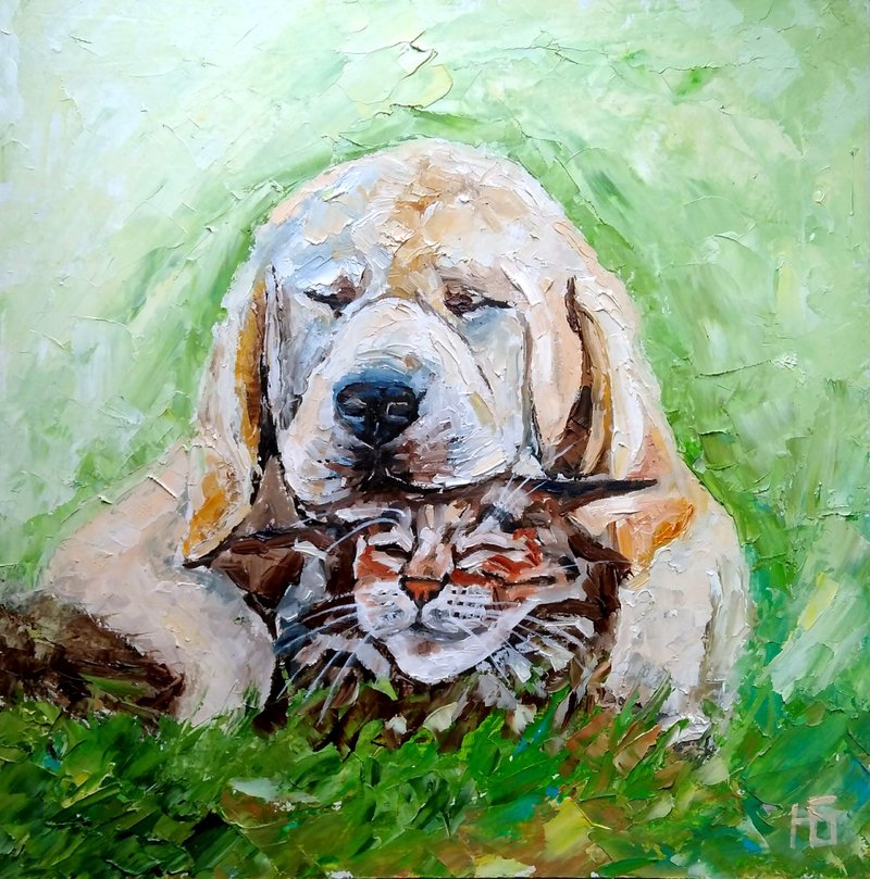 Dog and Cat Original Oil Painting, Funny Pet Portrait, Animalistic Wall Art - โปสเตอร์ - วัสดุอื่นๆ หลากหลายสี