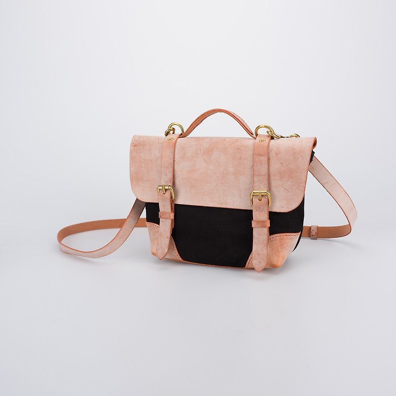 [Canvas meets leather] Summer portable small canvas messenger bag handbag shoulder bag fog wax color matching - กระเป๋าแมสเซนเจอร์ - หนังแท้ สีดำ
