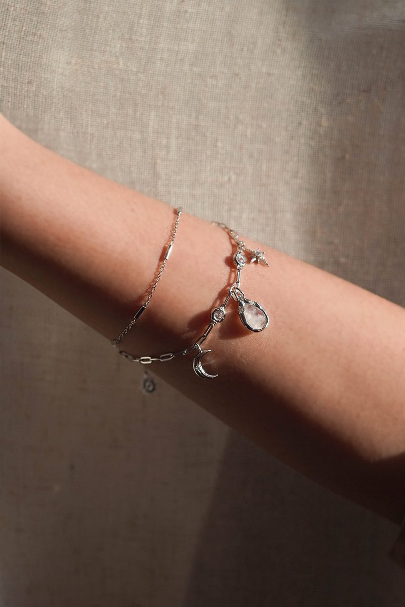 月亮石 水滴形 月亮 星星 雙層鍍鉑金 純銀手鍊 -New Moon Wishes - 手鍊/手環 - 銀 銀色