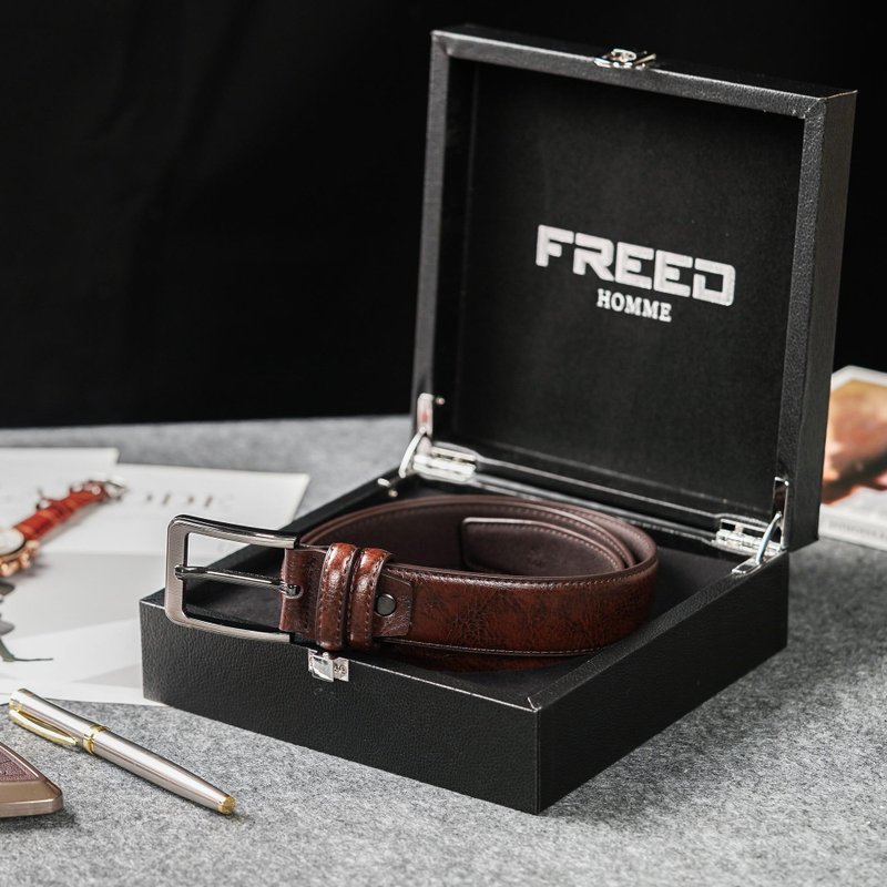 【FREED】時尚方形扣商務休閒頭層牛皮皮帶 - 咖啡色 - 腰帶/皮帶 - 真皮 咖啡色