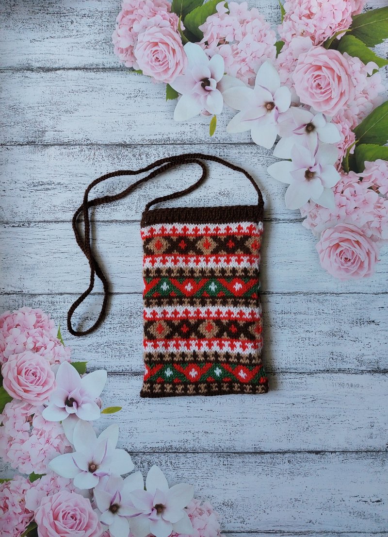 Knitted brown Phone or Document Case with Jacquard Pattern, Neck Bag - เคส/ซองมือถือ - ขนแกะ หลากหลายสี