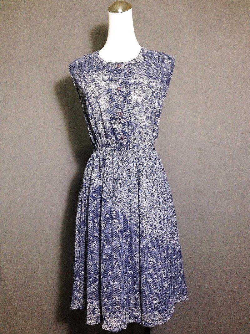 Ping-pong vintage [vintage dress / asymmetric lace pattern flowers sleeveless chiffon vintage dress] abroad back VINTAGE - ชุดเดรส - เส้นใยสังเคราะห์ สีน้ำเงิน
