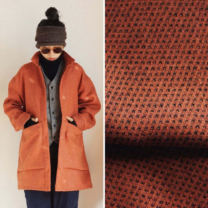 義大利橘黑色 大口袋中性風衣外套 編織肌理粗紡羊毛面料 - 女大衣/外套 - 羊毛 橘色
