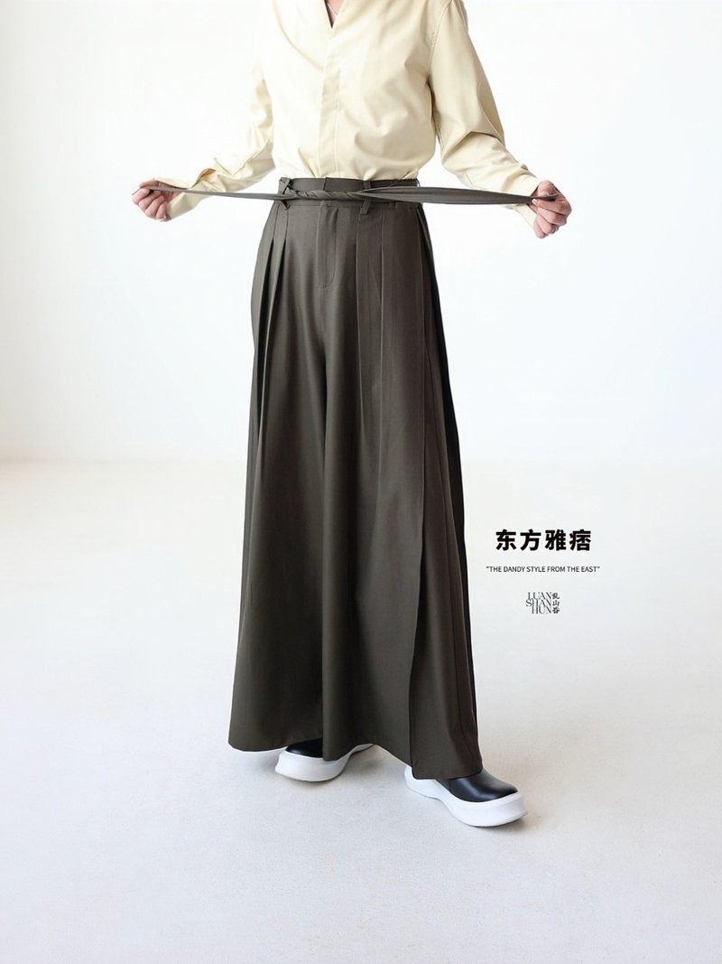 Luanshanhun Oriental yuppie new Chinese style original dark green pleated trousers skirt soft texture daily autumn and winter - Men's Pants - Other Materials 