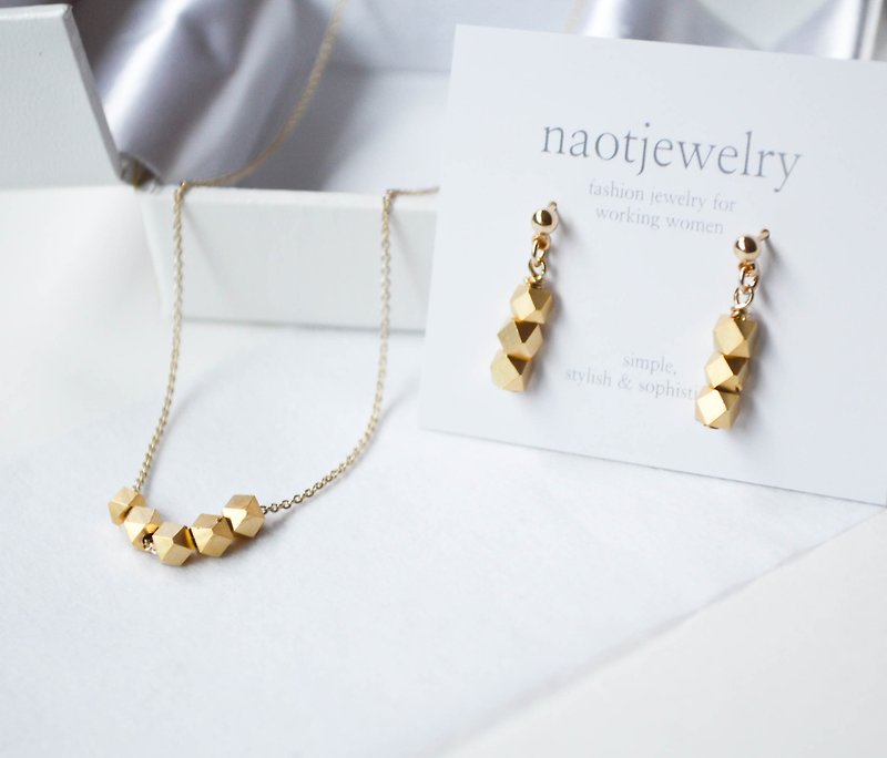 Earrings & Necklace set Metal Cut Silver Beads - สร้อยคอ - โลหะ สีทอง