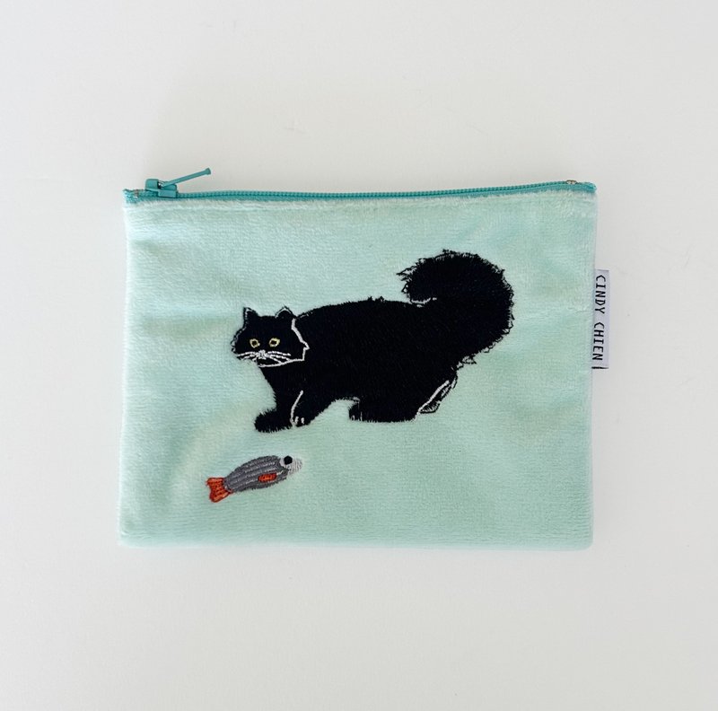 【CINDY CHIEN】Black Cat Play Embroidered Velvet Coin Purse - Coin Purses - Other Materials 