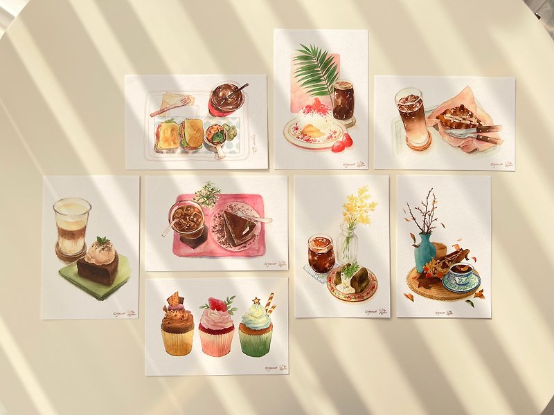 ポストカード-Coffee&Dessert;/水彩イラスト、室内装飾小道具 - カード・はがき - 紙 多色
