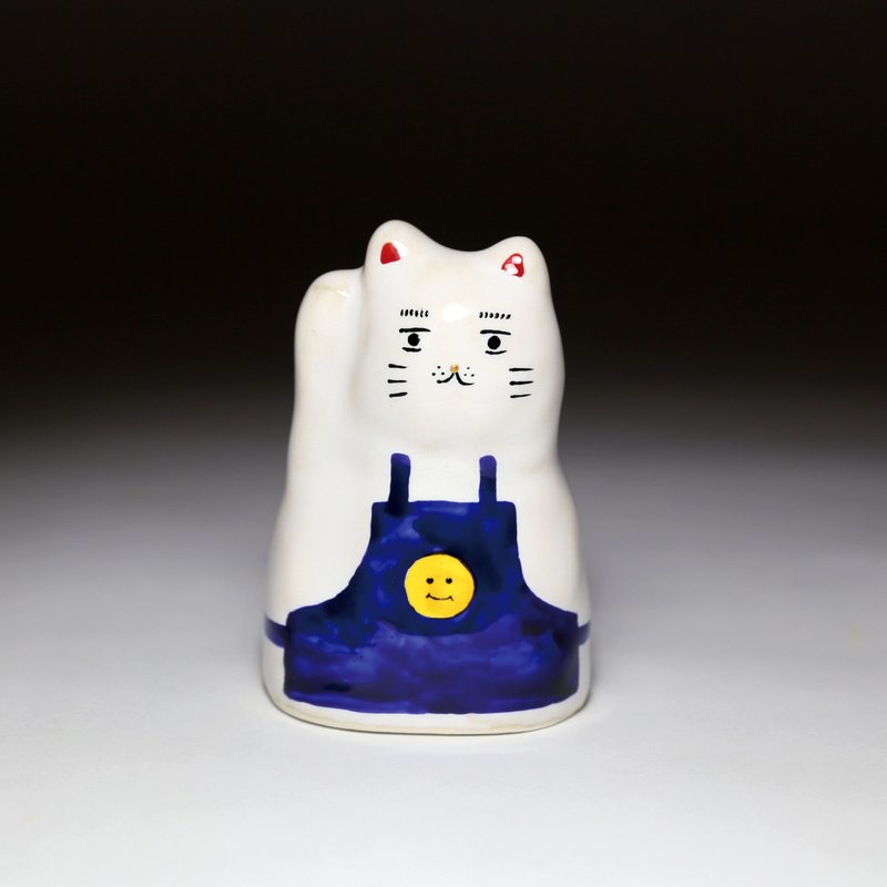 Street Lucky Lucky Cat-Smiling Face Apron (Blue) - Items for Display - Pottery White