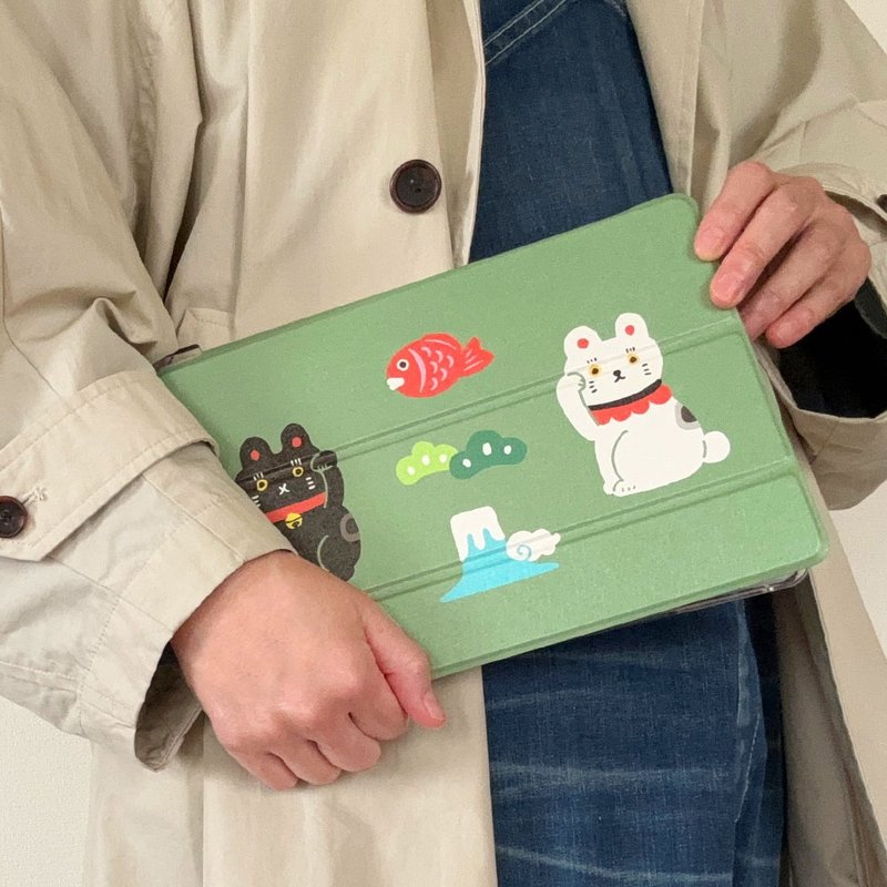 手帳型iPadケース【招き猫】三折りスタンド機能付プラケースタイプ - 平板/電腦保護殼/保護貼 - 人造皮革 綠色